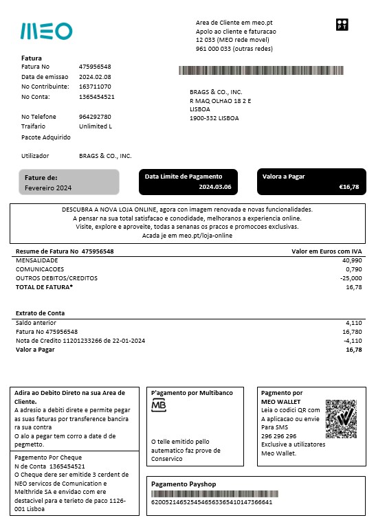 Portugal MEO business utility bill template in Word and PDF formats, fully editable